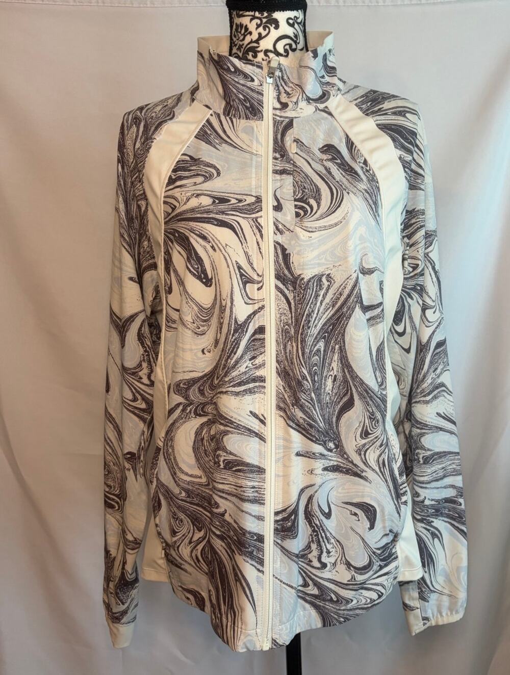 Athleta Womens Large Full Zip Jacket Blue Gray Marble Print Mock Neck Activewear